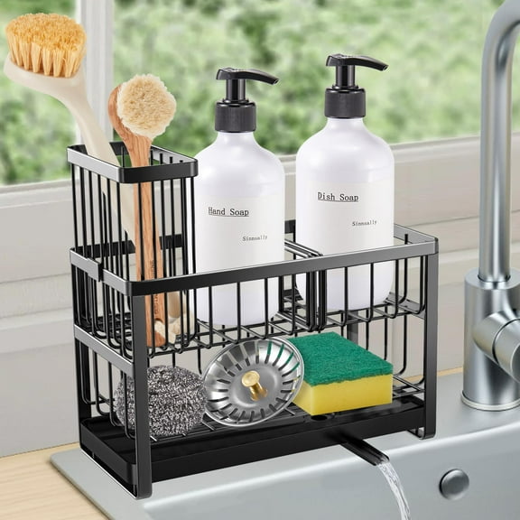 LVL Kitchen Sponge Holder,2 Tier Sink Caddy Organizer with High Brush Holder,Stainless Steel Sink Box Dish Scrubber Holder,Soap Tray for Kitchen Counter Accessories & Storage Rack (Black)