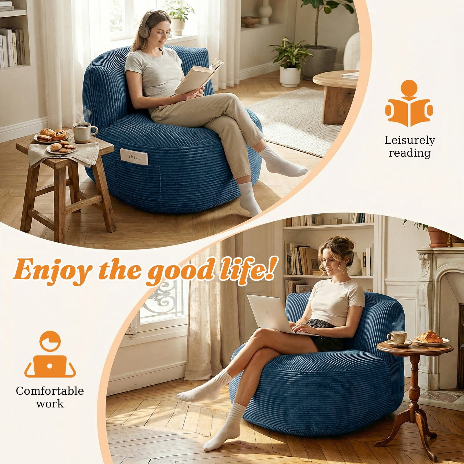 TOPCHANCES Large Bean Bag Chair for Adults, Crushed Foam Floor Chair with Storage Pocket & Carry Handle,  Indoor Lazy Lounger Sofa for Living Room Bedroom, Sea Blue