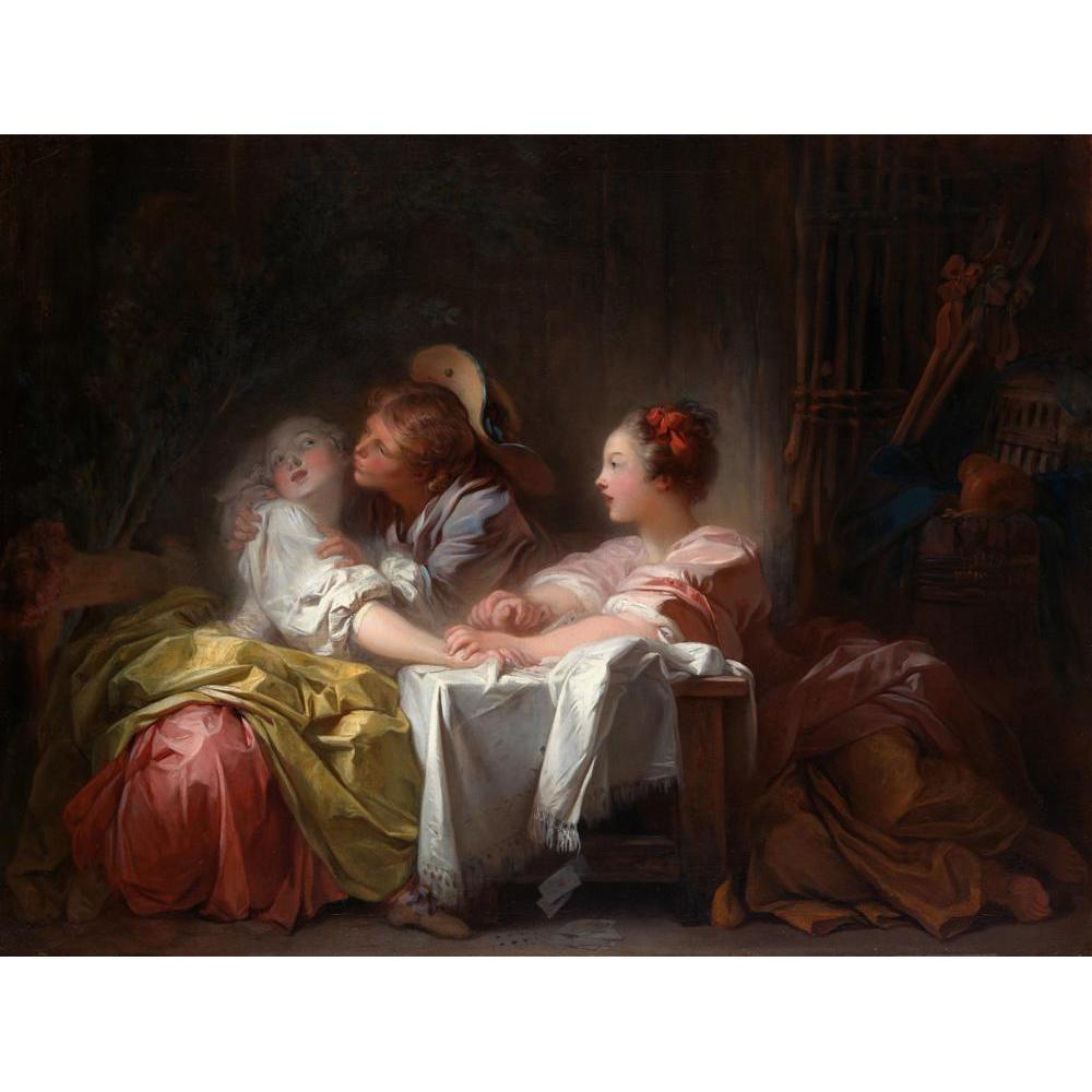 Jean-Honoré Fragonard 14x12 Black Modern Framed Museum Art Print Titled - The Stolen Kiss (ca. 1760)