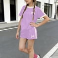 thumbnail image 5 of SGFCWSX Girls 2 Piece Outfits Summer Bow Print Short Sleeve T Shirt Side Stripe Shorts Set for Kids Purple Size 8, 5 of 6