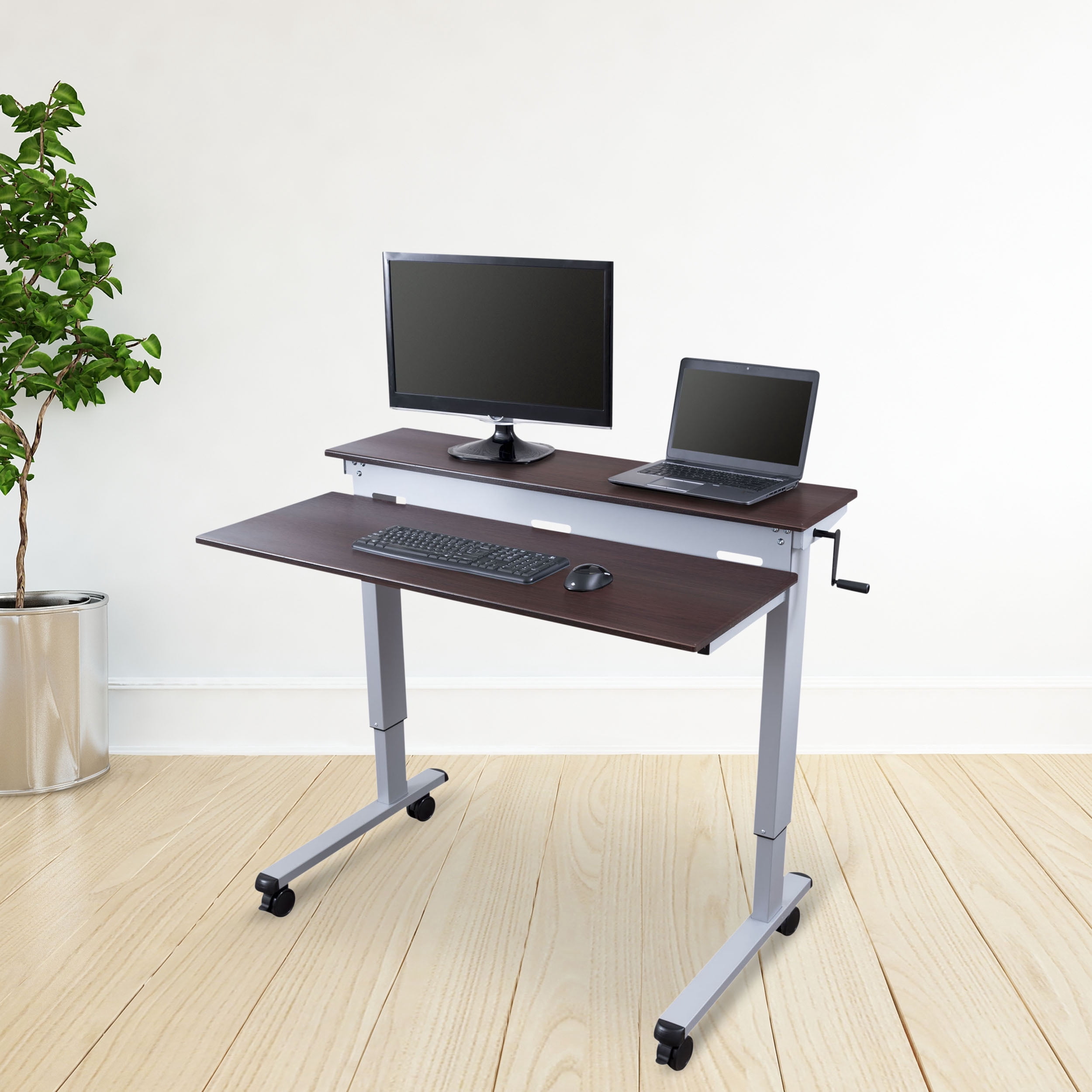 Stand Up Desk Store Crank Adjustable Tier Standing Desk with Heavy Duty Steel Frame (Silver Frame/Dark Walnut Top, 48" Wide)