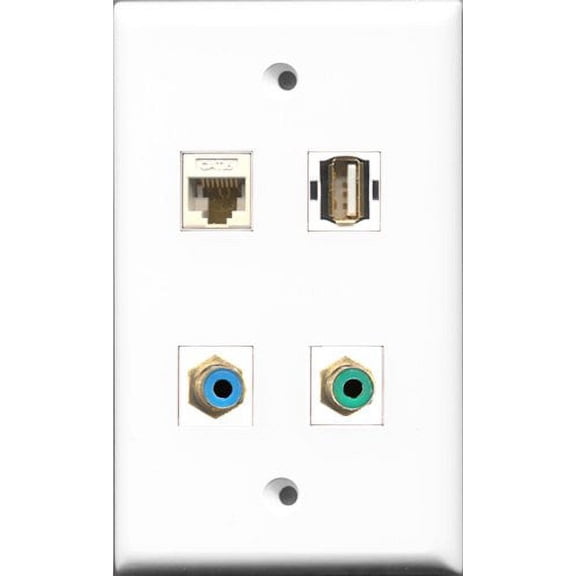 RiteAV 1 Port RCA Green and 1 Port RCA Blue and 1 Port USB A-A and 1 Port Cat6 Ethernet White Wall Plate