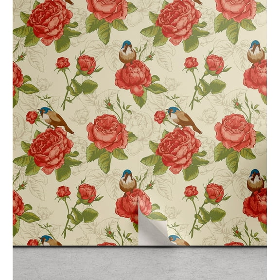 Ambesonne Vintage Peel & Stick Wallpaper for Home, English Roses Birds Art, 13"x36", Dark Salmon Sage Green