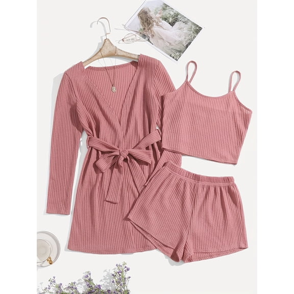 Women's Casual Solid Waffle Pajama Set - Long Sleeve Tie-Waist Robe, Round Neck Tank Top & Elastic Shorts, Polyester Blend, All-Season Comfort, Relaxed Fit Home Wear
