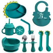 BPA Free Silicone Baby Feeding Set Cartoon Dinosaur Plate with Straw Suction Bowl Spoon Fork Snack Cup Bibs Children Dishes-10PC Set-E