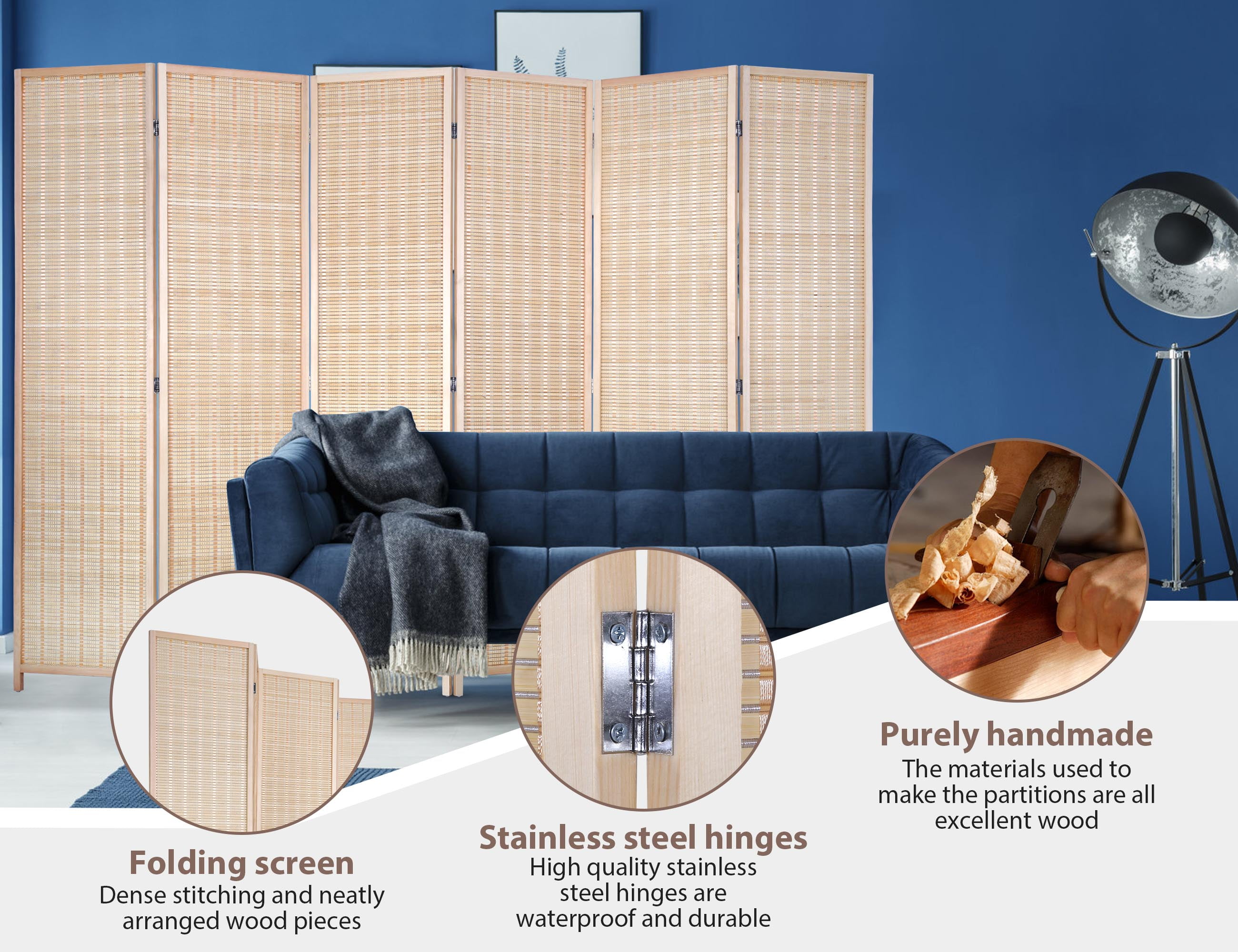 CL.HPAHKL Bamboo Room Divider 6 Panel Folding Privacy Screen Freestanding Wall Divider 6 ft Tall Room Partitions and Dividers for Home Bedroom Living Room, Natural