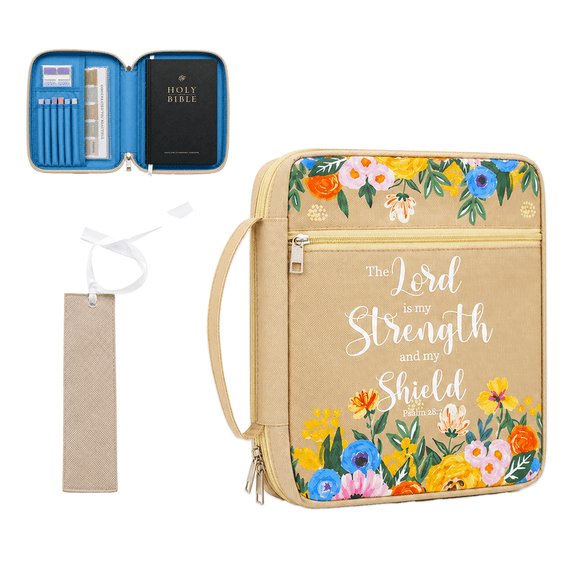 Beige Floral Bible Bag for Women, Quilted Bible Cover with Handle and Zipper Pocket for Church Bible Study and Christian Gifts