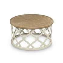 30" Farmhouse Coffee Table, French Round Coffee Table, Vintage Coffee Table with Distressed Wood Tray and Storage Shelf, Beige