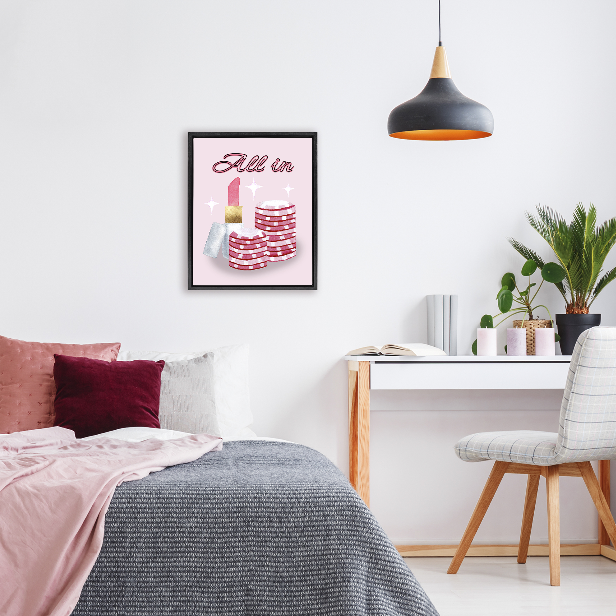 All In Poker Chips & Lipstick Black Framed Floater Canvas Wall Art, design by Nina Jacobs