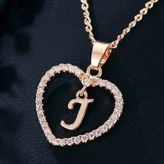 Aishvi Jewels 2Ct Round Cut Real Moissanite Love Heart Initial "J" Letter Pendant 14k Rose Gold Plated