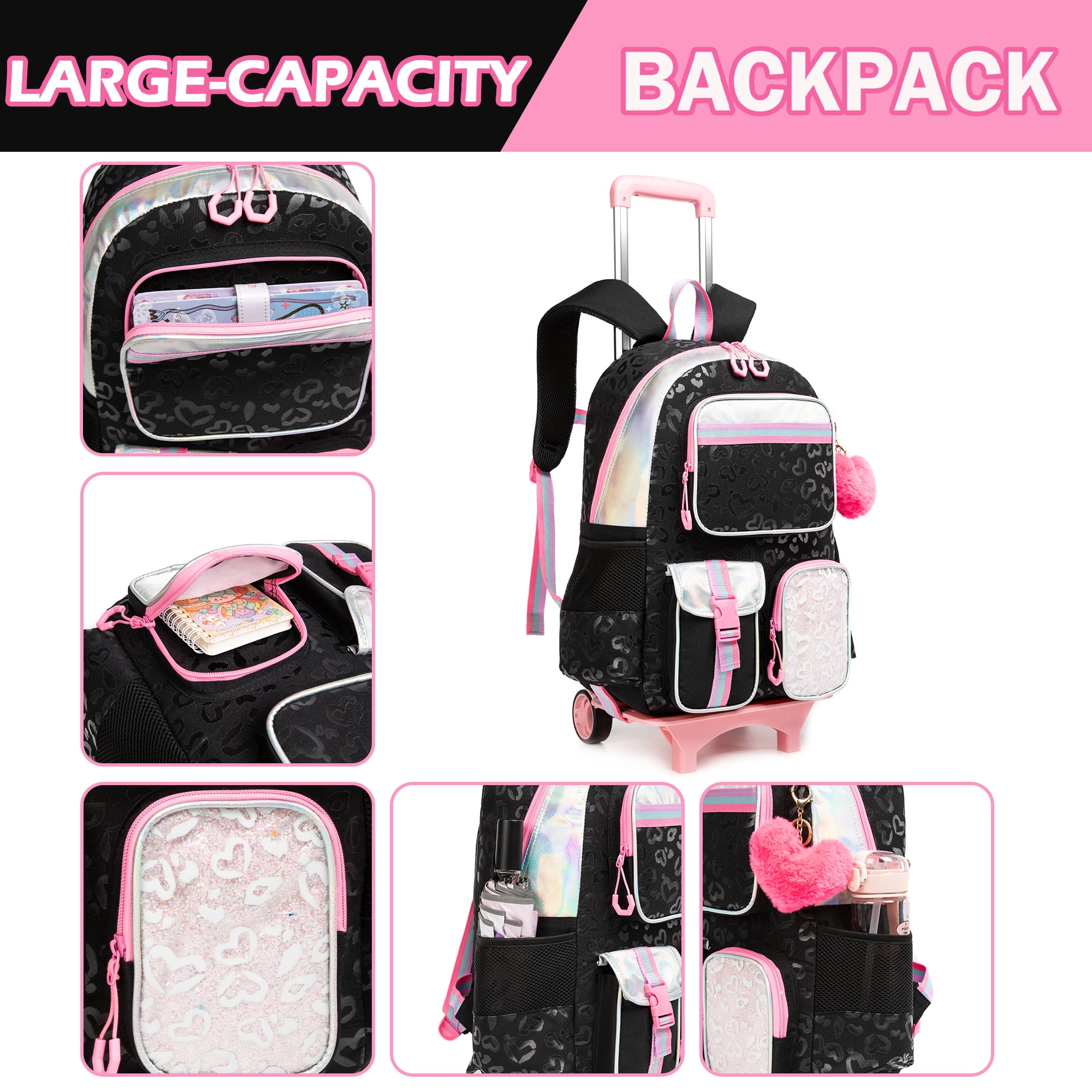 Rolling Backpack for Girls with Wheels,Wheeled School Bags for Elementary Students Trolley Bookbag for Ages 8-10 17 Inch