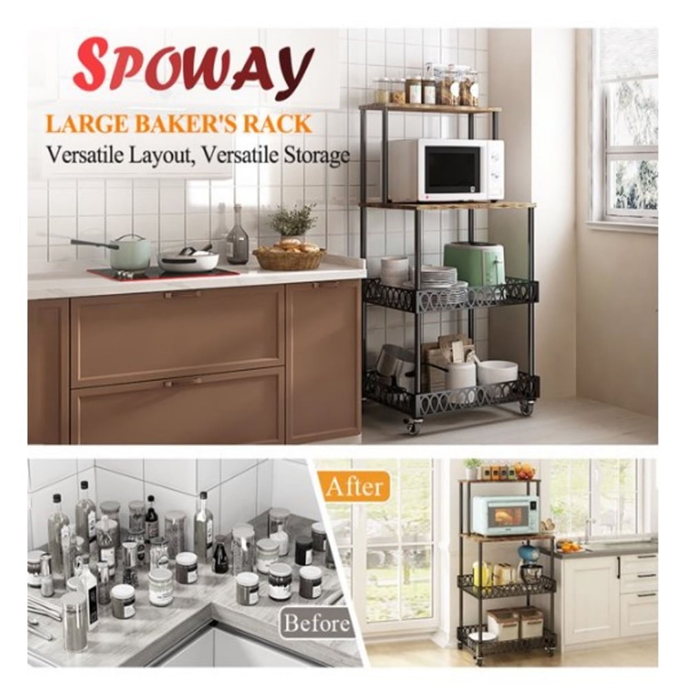 Kadyn 4-Tier Baker's Rack for Microwave Kitchen, Kitchen Storage Rack with Rollers, Steel Shelves for Home, Black Kadyn 4-Tier Baker's Rack for Microwave Kitchen, Kitchen Storage Rack with Rollers, Steel Shelves for Home, Black