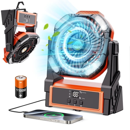 Portable Camping Fan Rechargeable with 4 Lights, 11000mAh Battery Operated Fans, Outdoor Beach Tent Fan, 4 Speed, 4 Timer, Adjustable Rotation for Picnic, Barbecue, Fishing, Home