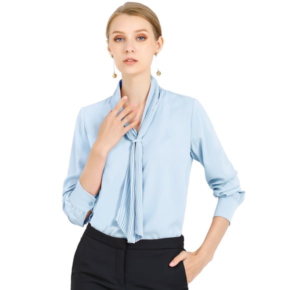 Blusa Elegante de Oficina Allegra K con cuello de Lazo y Manga Larga Azul claro XL