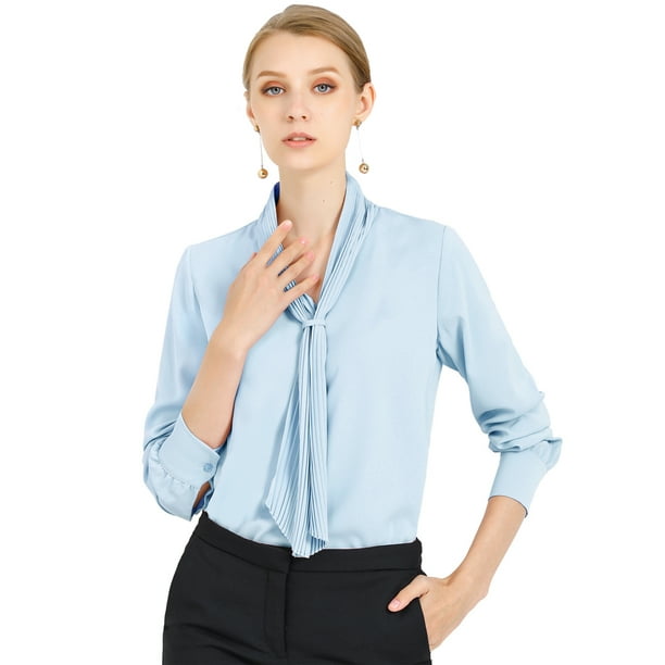 INSPIRE CHIC Blusa Elegante De Oficina De Trabajo Para Mujer, Camisa Plisada Con Cuello De Lazo Y Manga Larga Azul claro S