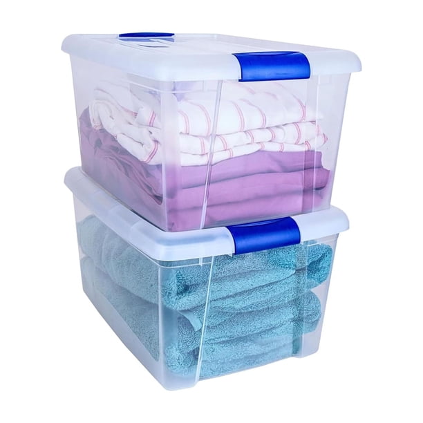 Caja de Almacenamiento Apilable, Pack de 2, para Organizador Armario, Juguetes, Ropa, con Broche y Tapa Duradera, 24 Litros de Capacidad, Transparente