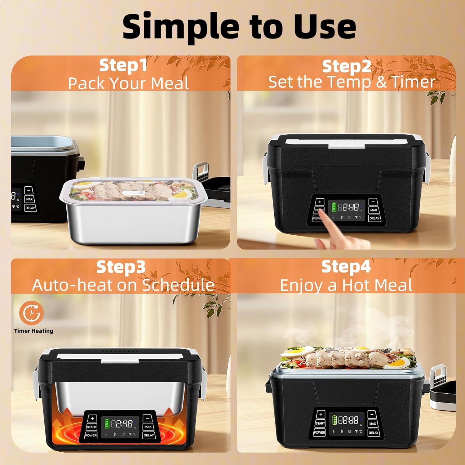 Monteka Cordless Electric Lunch Box for Adults, Portable Battery Powered Heated Lunch Box with APP, 1.2L Automatic Scheduled Heating Lunchbox for Office Work Car Travel Outdoor