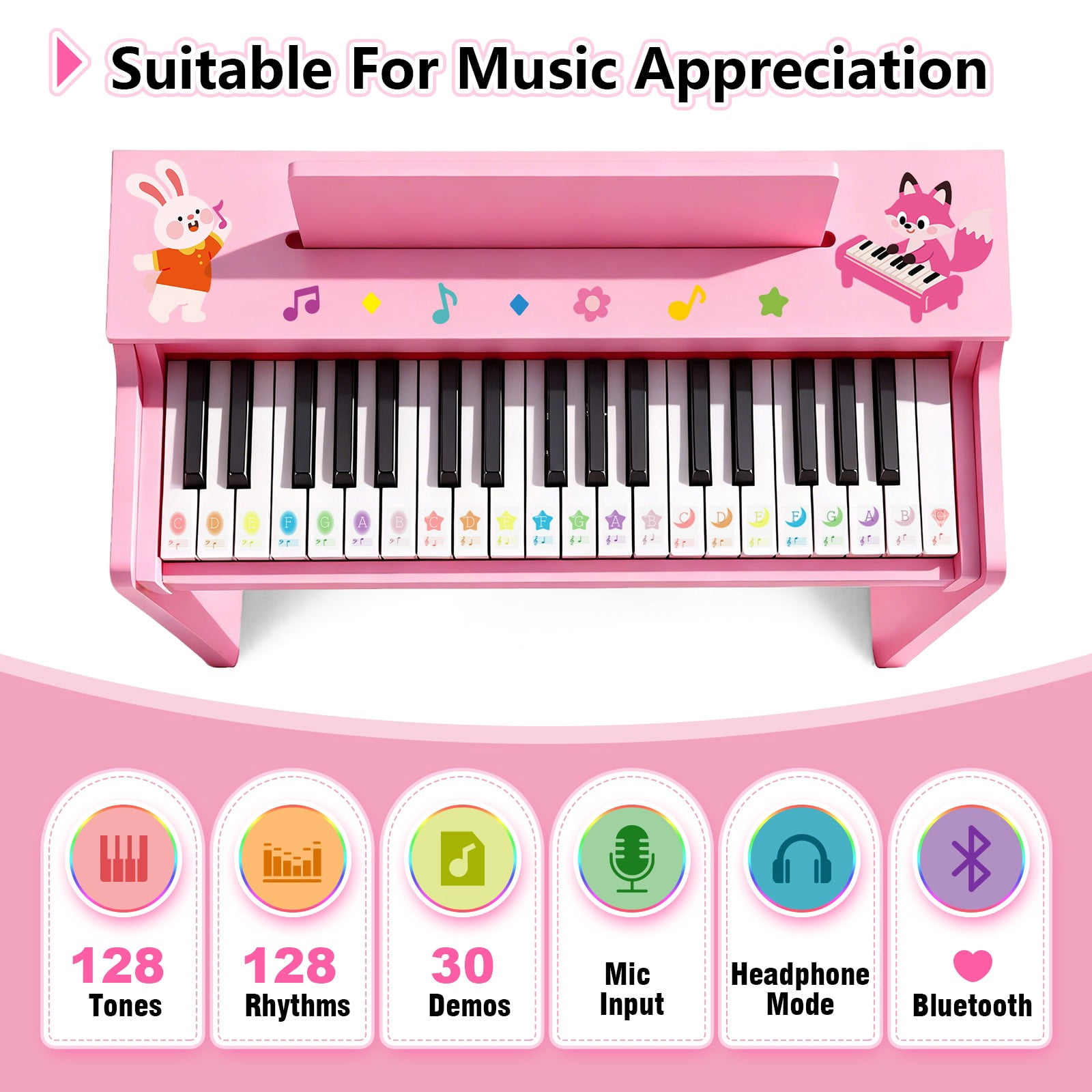 Pink 37Keys Kids Digital Piano Keyboards Wooden Toys Toddler Gifts for Music Education w/Bench,Stickers