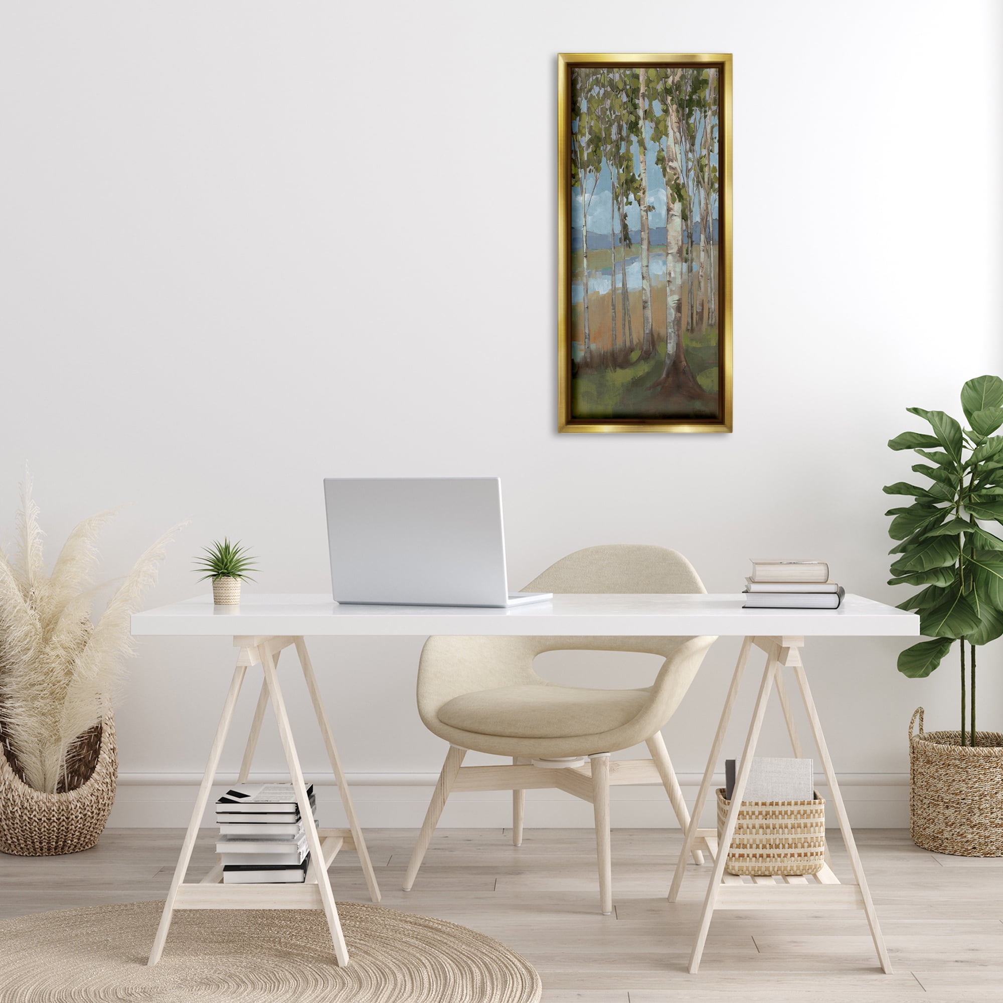 Stupell Industries Rustic Birch Copse Landscape Painting Gold Floater Framed Art Print Wall Art, 15 x 31