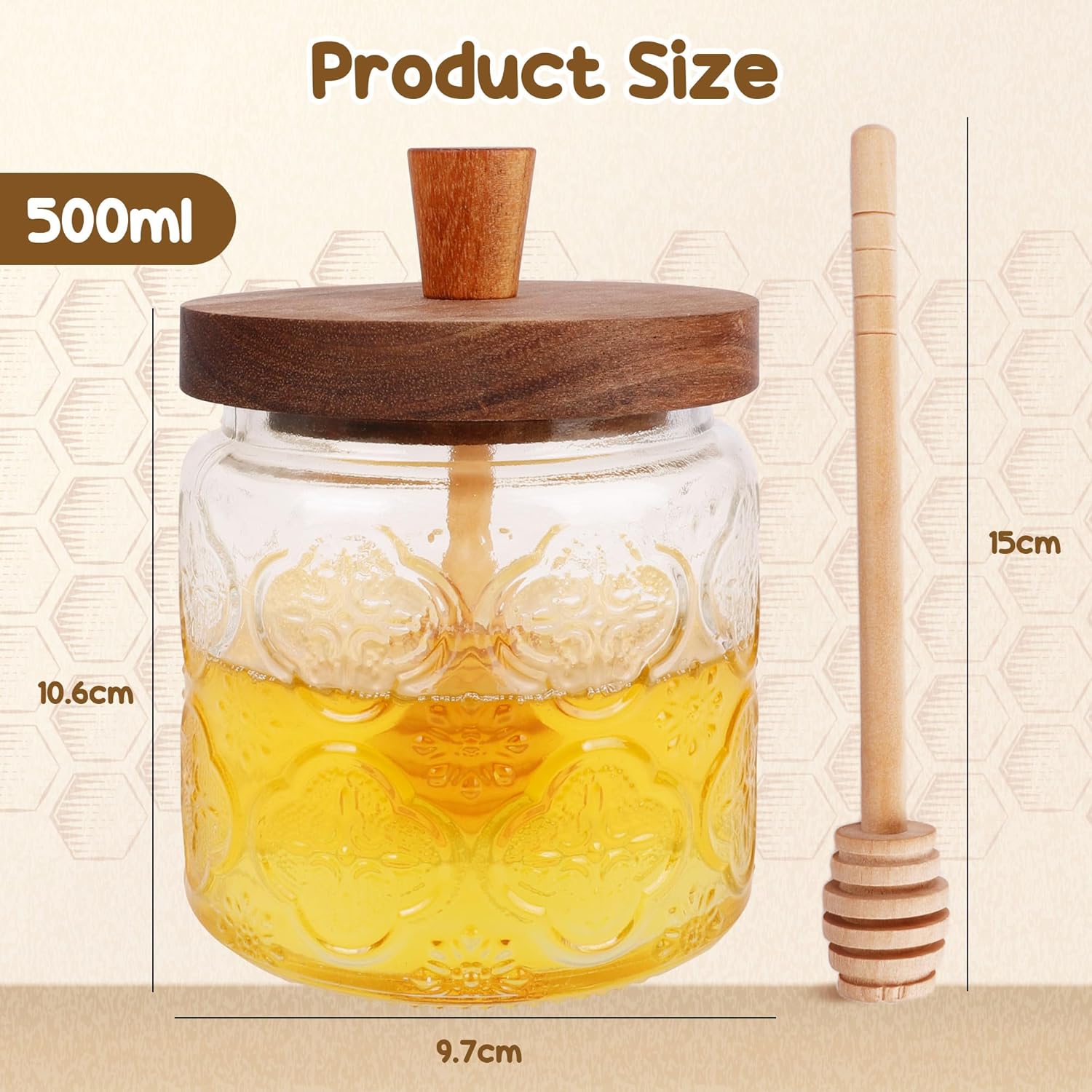 SONGAUN Honey Pot with Dipper and Lid - 18oz Glass Honey Jar with Wooden Honey Dippers Stick Set, Wide Mouth Honey Containers - Airtight Syrup Dispenser for Home Kitchen