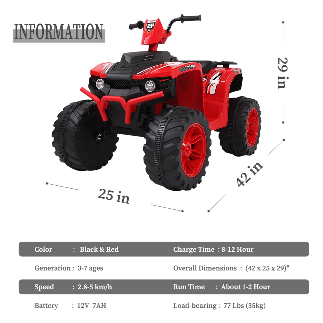 Private Jungle Kids ATV, 12V Battery Powered Electric Vehicle, Ride on Car 4 Wheeler Quad for Boys & Girls Gift, Ride on ATV with LED Lights, Music, Black & Red, Unisex