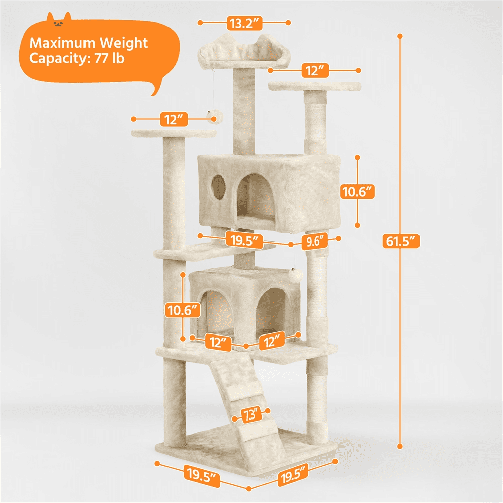 Yaheetech 62.2" H Multilevel Cat Tree with 3 Scratching Posts and Double Condos, Beige