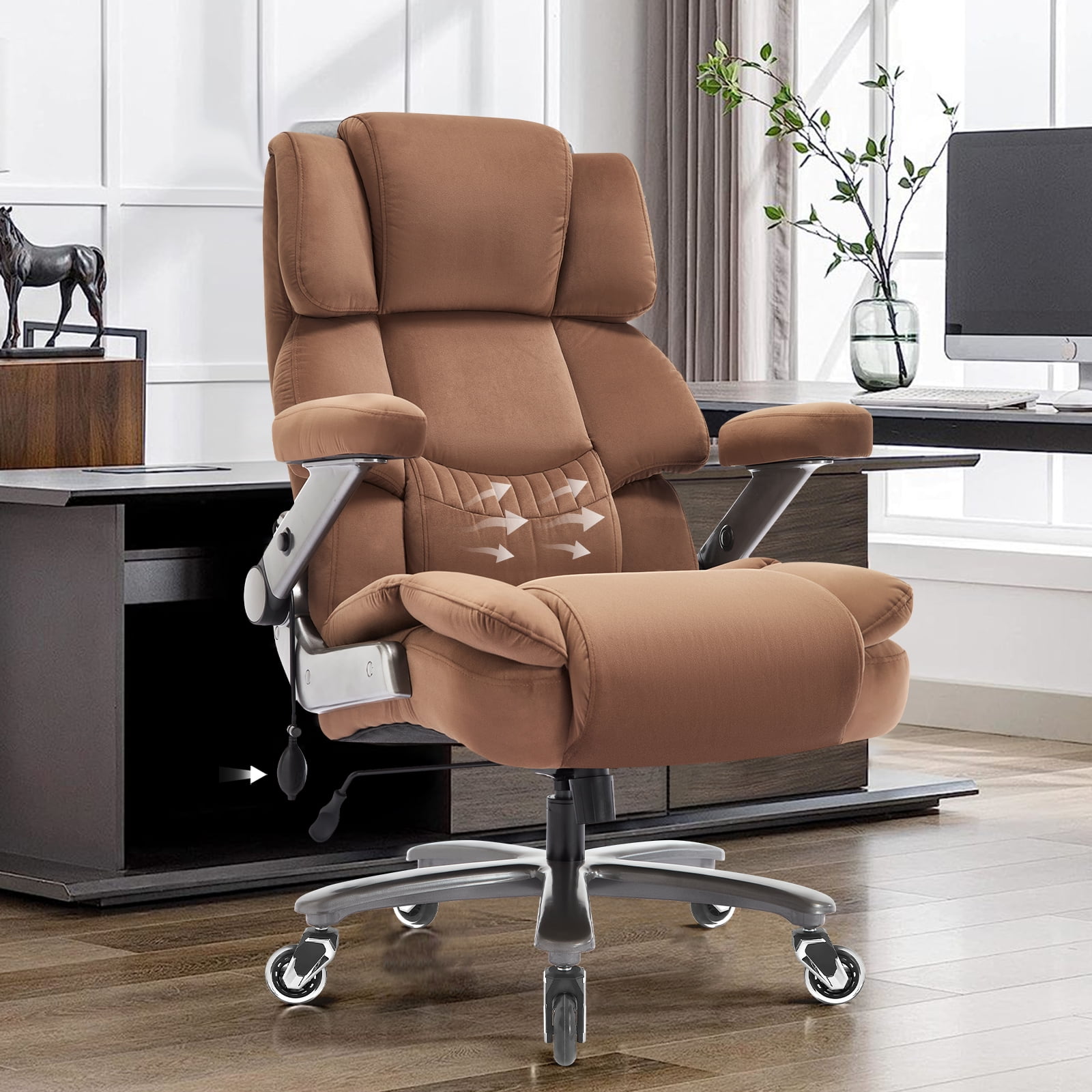 Big and Tall 500lbs Office Chair, Fabric Heavy Duty Executive Chair with 3D Flip up Armrests Adjustable Lumbar Support Large Rubber Wheels, Extra Wide High Back Computer Desk Chair, Brown