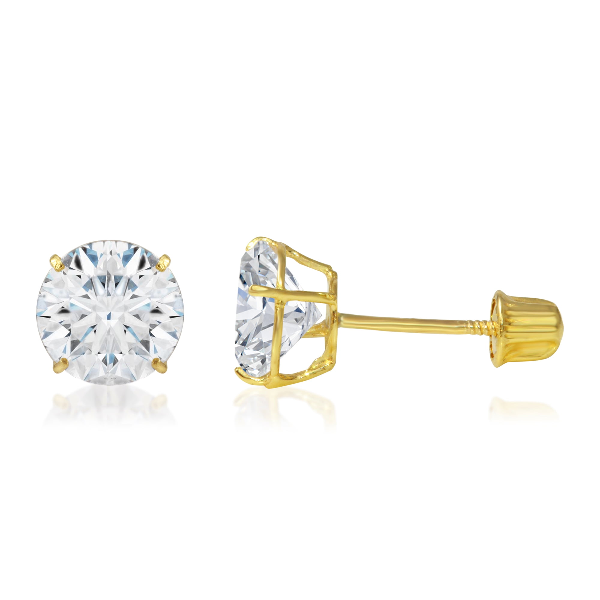 14k Yellow Gold Solitaire Round Cubic Zirconia CZ Stud Earrings in Secure Screw-backs