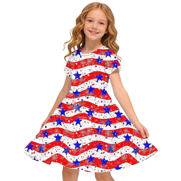 Odeerbi Niñas Día de La Independencia Vestido de Línea A Verano Patriótico Cuello Redondo Manga Corta Vestido Casual