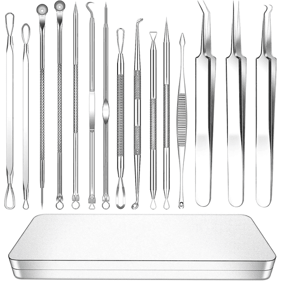 Blackhead Remover Tools, PandaTop 15 PCS Pimple Popper Tool Kit, Acne Blackhead Tools for Blemish, Professional Stainless Acne Pimple Removal Tool with Metal Box (Silver)