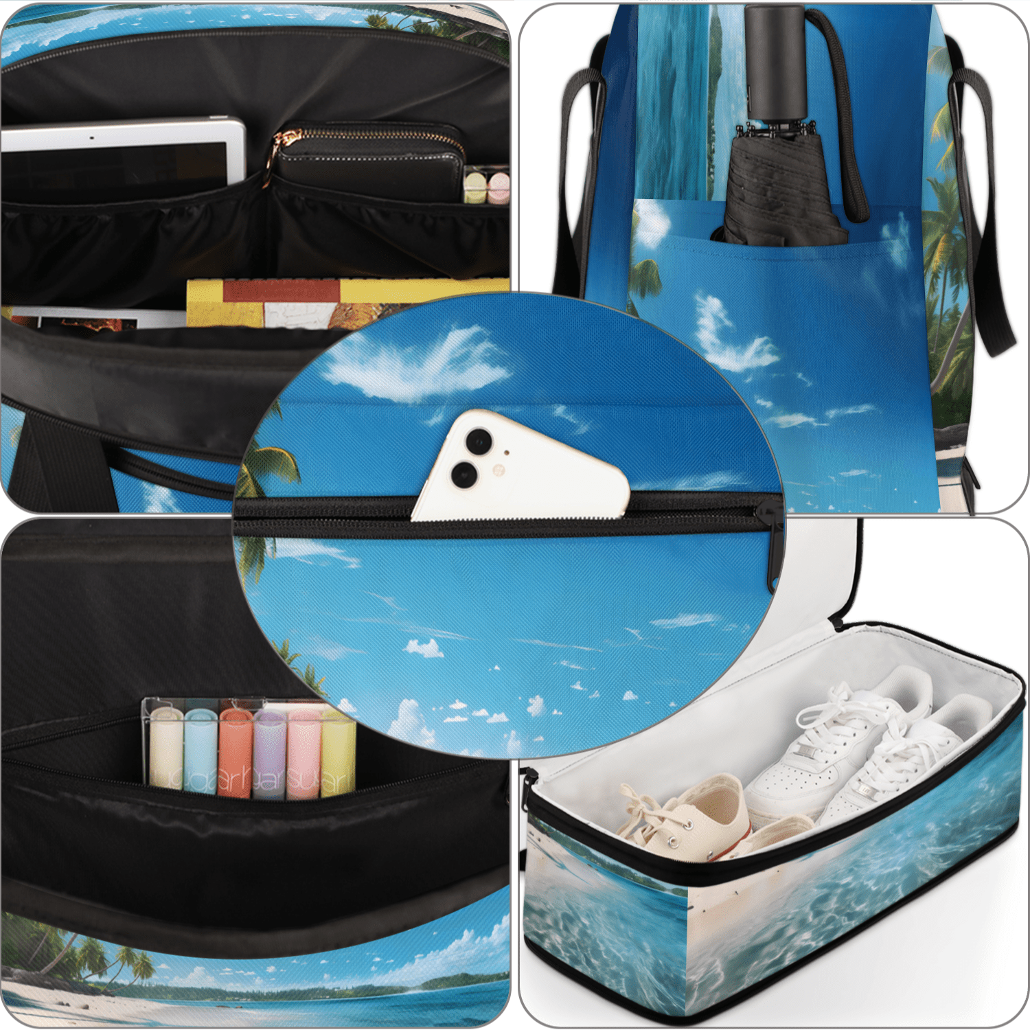 Herdesigns Beach Ocean Landscape Foldable Travel Duffel Bag with Shoe Compartment, Weekend Overnight Carry On Bags for Men Women, Large Sports Gym Luggage