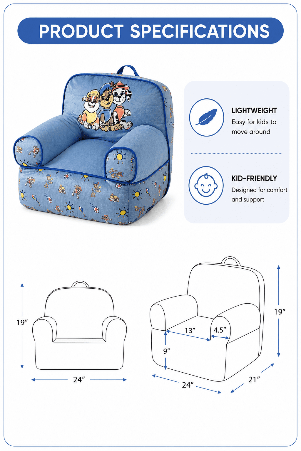 Paw Patrol Toddler Square Bean Bag Chair, Blue
