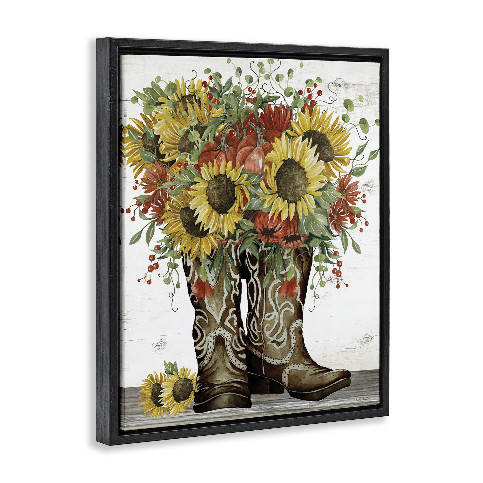 Stupell Industries Sunflowers in Western Boots Plants & Flowers Painting Black Floater Framed Canvas Art Print Wall Art, 25 x 31
