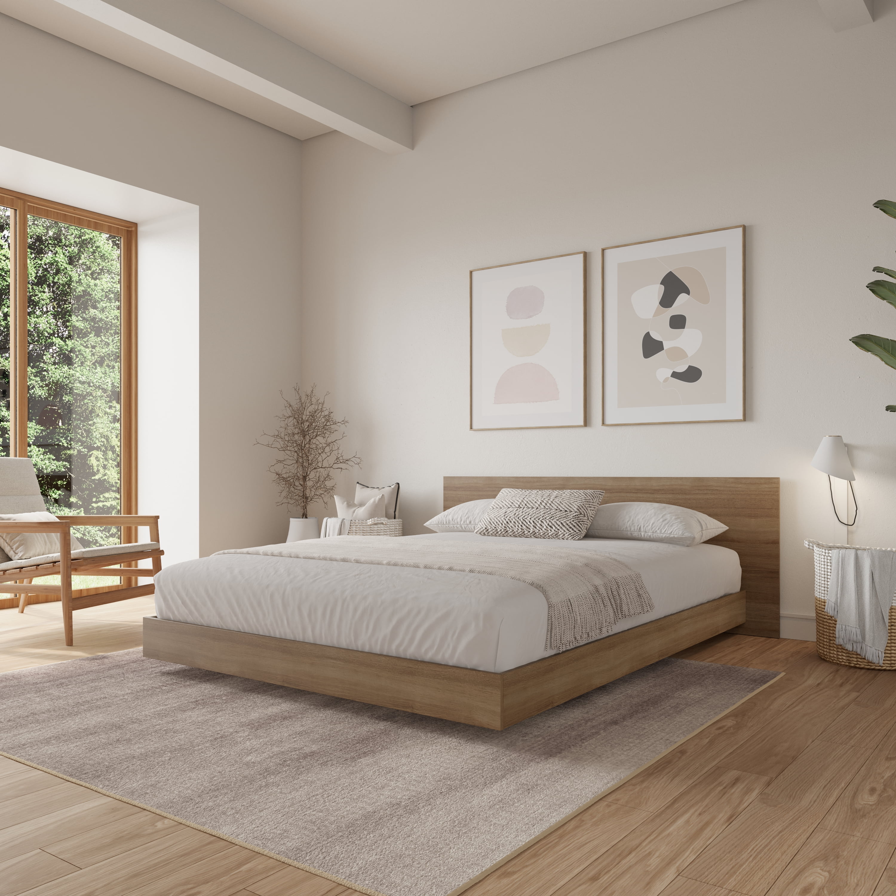 Nexera Satori Low Platform King Size Bed with Headboard, Brown Oak