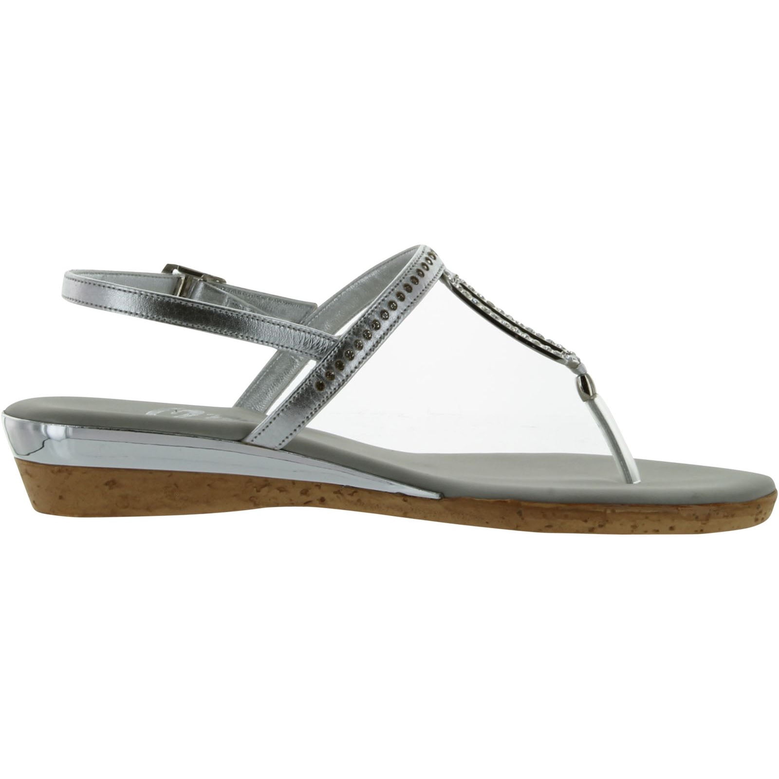 ONEX Women's Cabo Thong Sandal - Silver Leather With Rhinestones, Size 7, 1" Wedge Heel