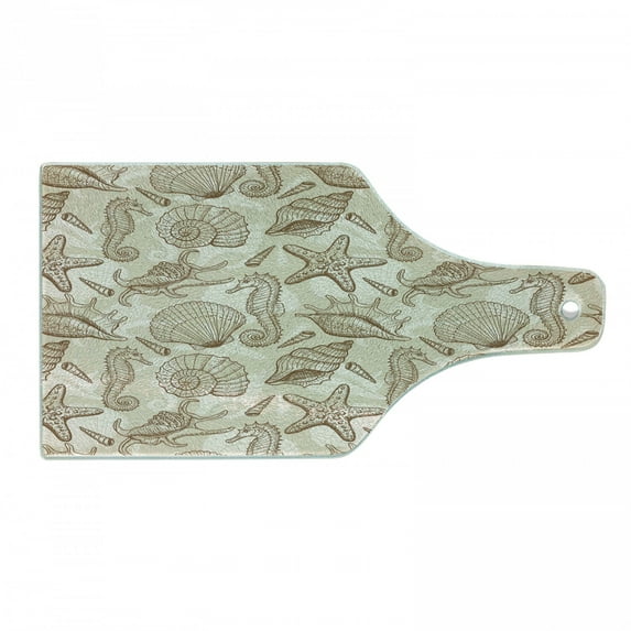 Beige Cutting Board, Exotic Marine Animals in Retro Style Illustration Shells Starfish Seahorse Contemporary, Tempered Glass Cutting and Serving Board, Wine Bottle Shape, Beige, by Ambesonne