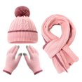 thumbnail image 1 of Conjunto de 3 gorros, bufandas y guantes para niños, color sólido, textura retorcida, bola de peluche decorativa, gorro, bufanda larga y guantes, accesorios elásticos de invierno., 1 of 8