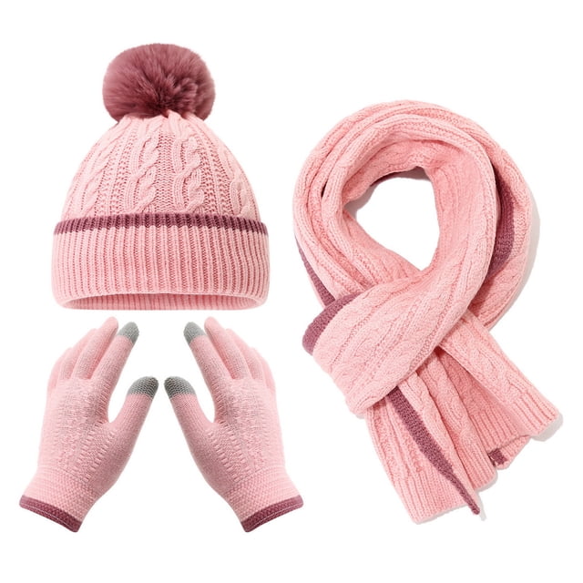 Conjunto de 3 gorros, bufandas y guantes para niños, color sólido, textura retorcida, bola de peluche decorativa, gorro, bufanda larga y guantes, accesorios elásticos de invierno.