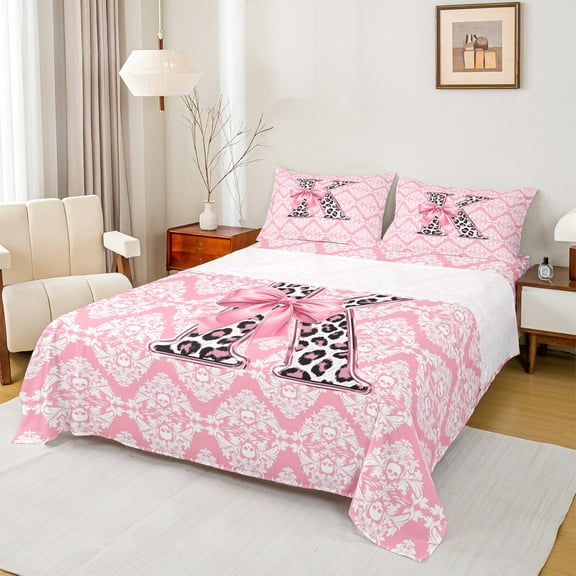 Homewish Leopard Print Letter Twin Sheet Sets, Ribbon Monogrammed K Twin Fitted Sheet, Hippie Mandala Damask Flat Sheet, Ultra Soft Bedroom Decor, 3-Piece