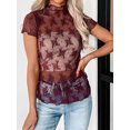 thumbnail image 4 of Raccmtaty Women's Summer Lace Floral Tops Mesh Sheer Short Sleeve Mock Neck Slim Fit T-Shirt, 4 of 8