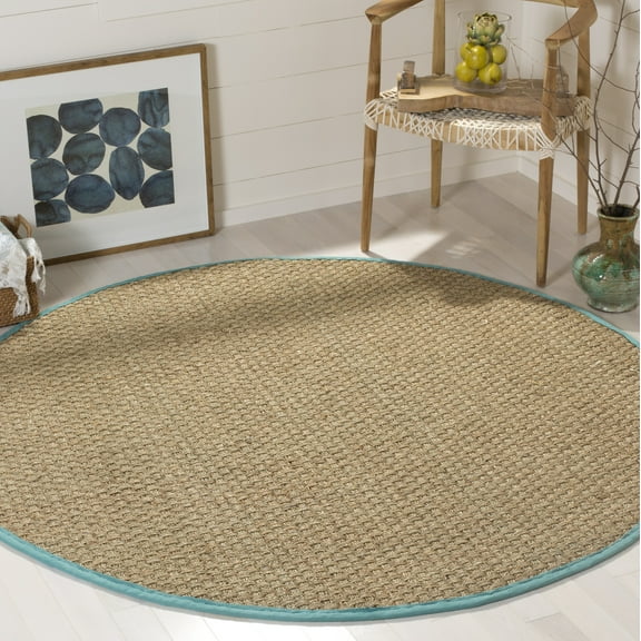 SAFAVIEH Natural Fiber Arbor Bordered Area Rug, Natural/Teal, 8' x 8' Round