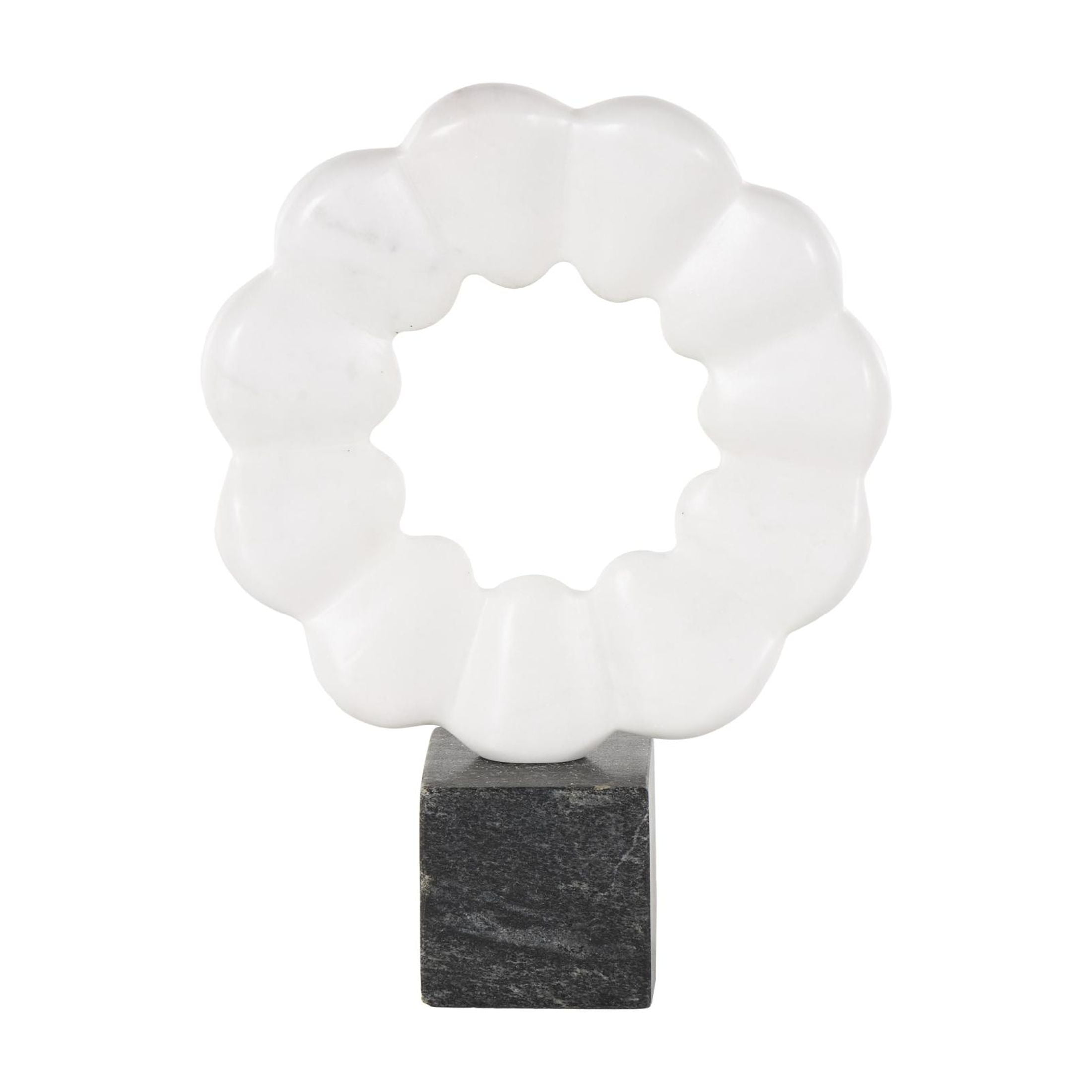 9" x 12" White Marble Floral Inspired Ring Geometric Sculpture with Black Block Base, by DecMode