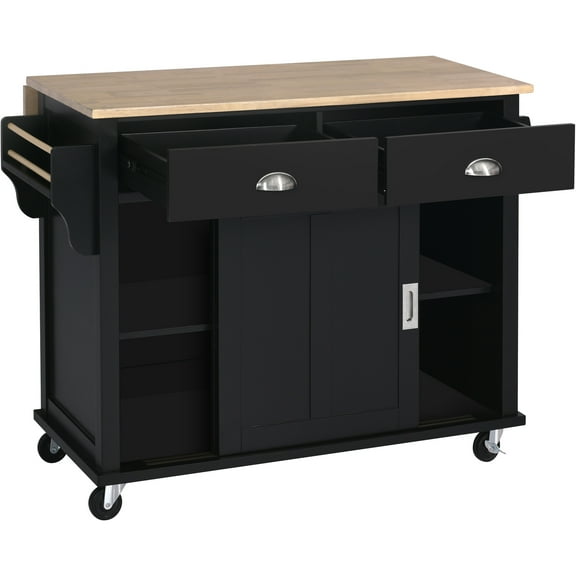 Dtwnek Kitchen Cart with Rubber Wood Countertop, Kitchen Island on 4 Wheels with Storage Cabinet and 2 Drawers, Black
