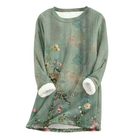 Fall Fashion Must Haves Womens Floral Printed Long Sleeve Sweatshirt Tops Round Neck Fleece Pullover for Holiday Gift Ideas Women Fall Clothes