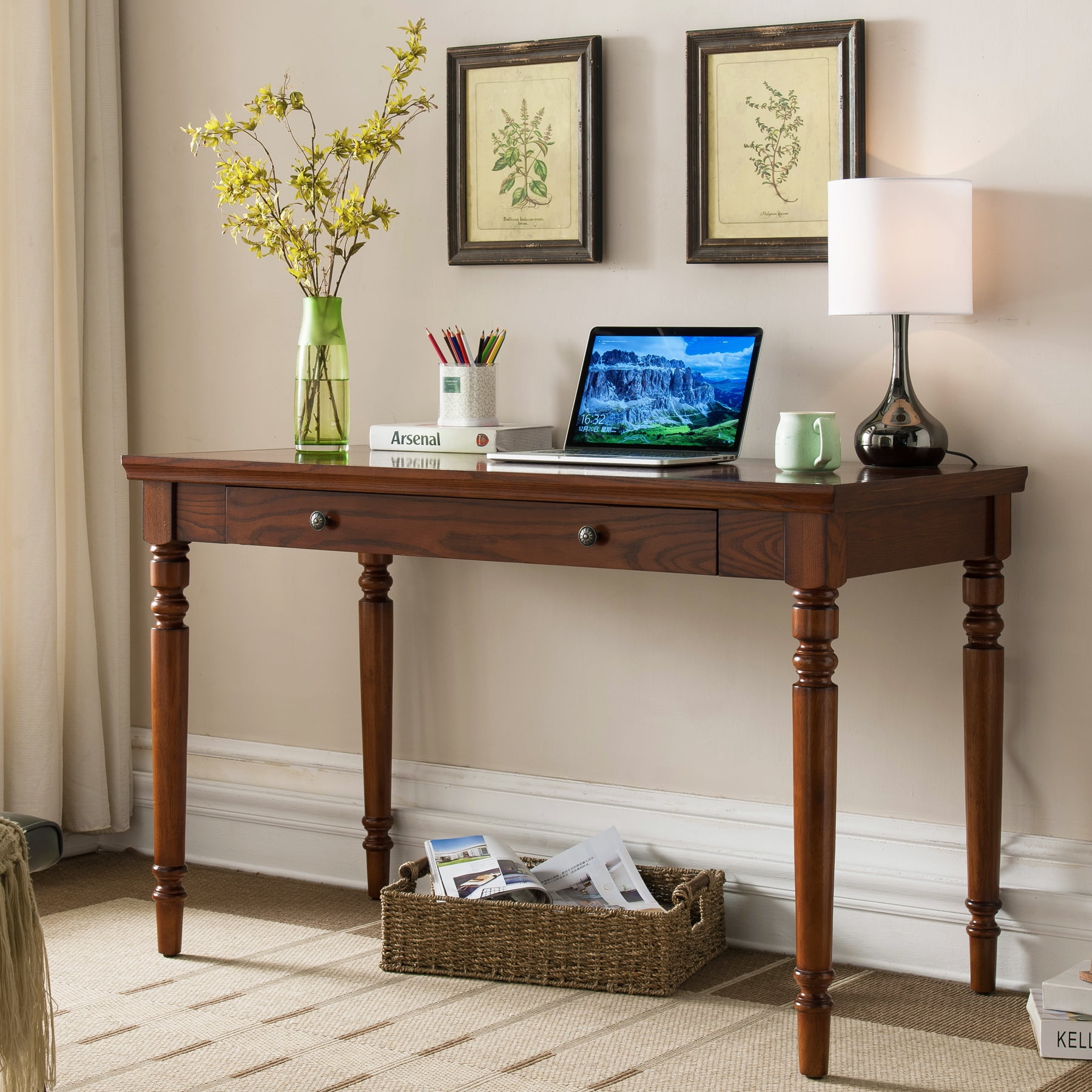 Leick Home Farmhouse Solid Wood Laptop Desk with Drop Front Keyboard Drawer, Mission Oak