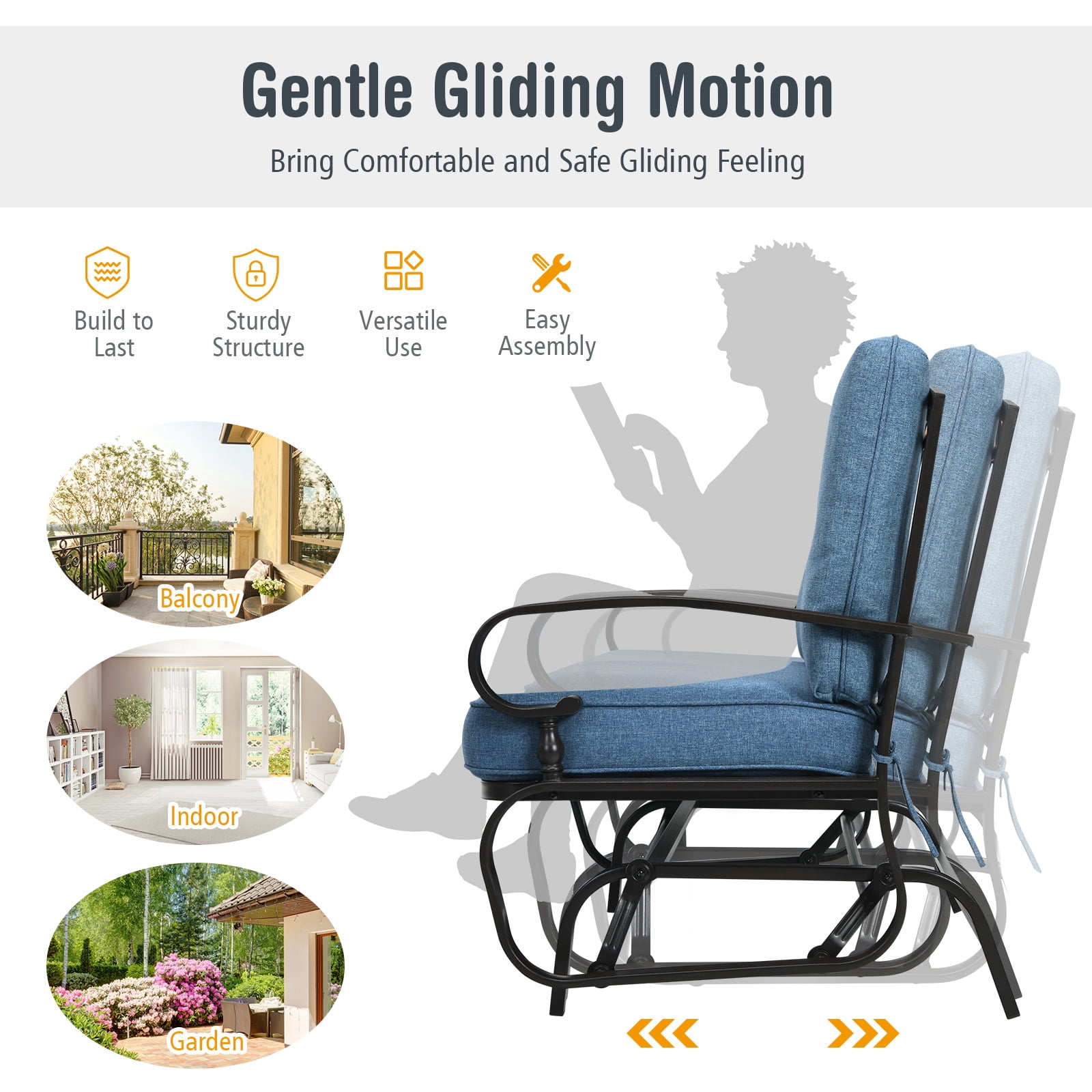 Topbuy 2-Person Outdoor Bench Patio Swing Glider Chair with Cushions Rocking Chair Cushioned Sofa Blue