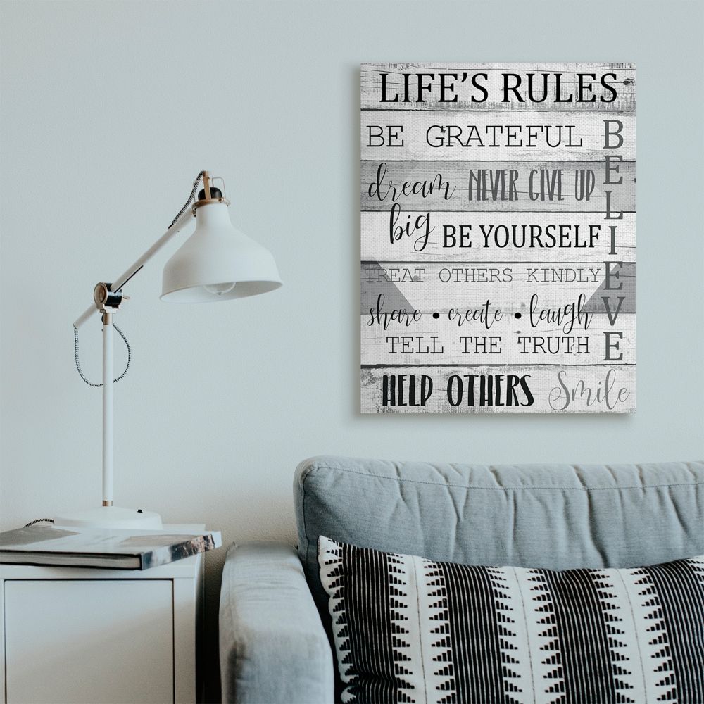 Stupell Industries Life's Rules Phrases on Wood Grain Black White Word Design Canvas Wall Art Design by Kim Allen, 30" x 40"