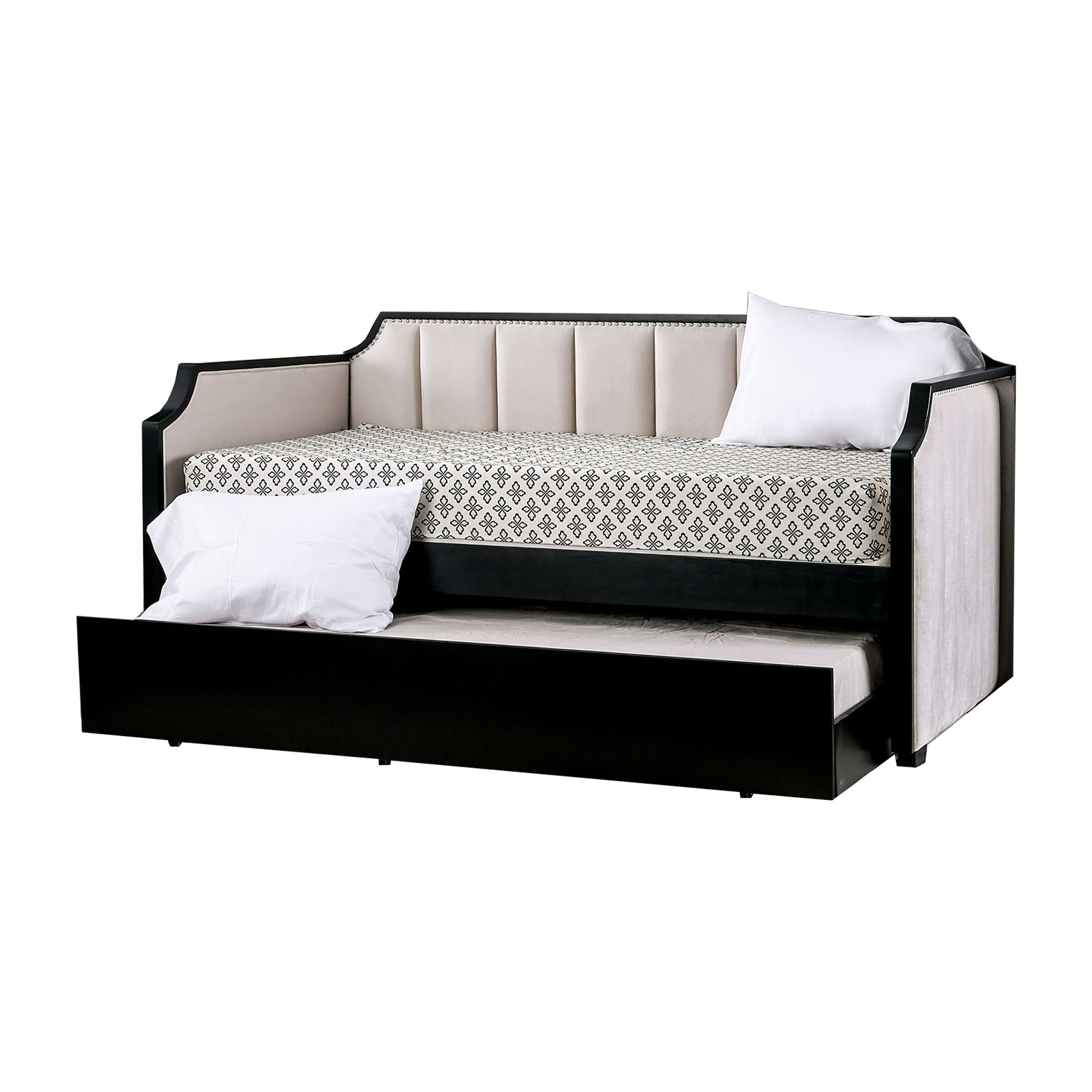 Fabric Upholstered Wooden Daybed with Vertical Tufting, Beige and Black