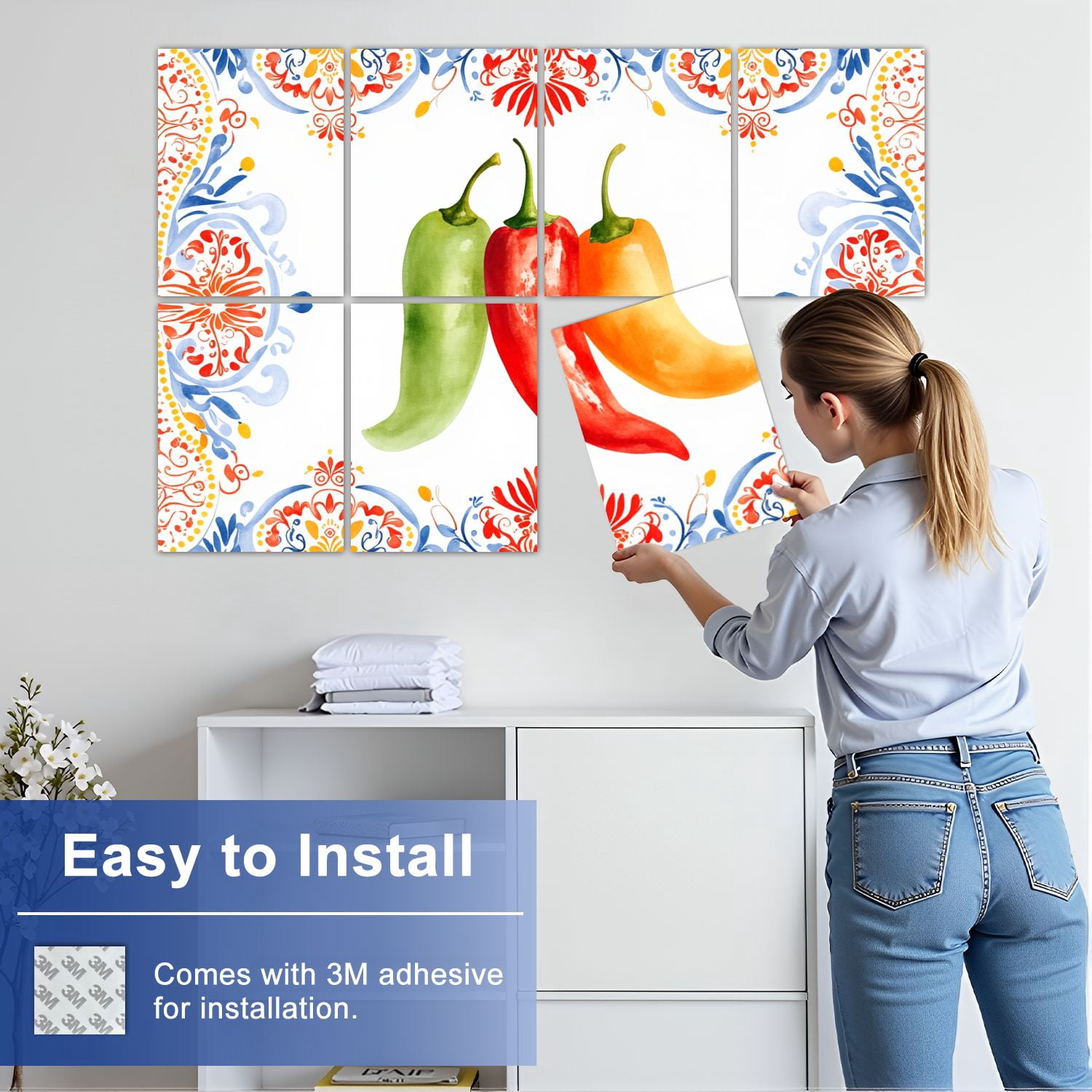 8 Pack Art Acoustic Panels Sound Absorbing Watercolor Chili Peppers Decorative Soundproof Wall Panels Self Adhesive for Nursery Game Room Bedroom 48"x32"