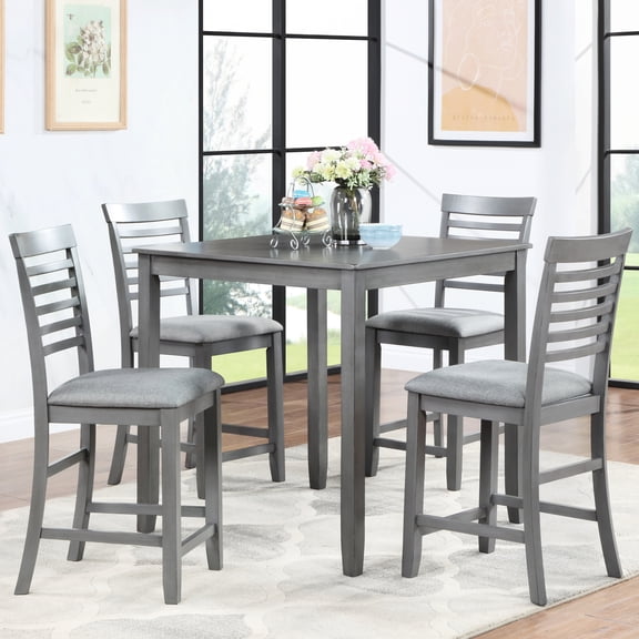 5 Counter Height Dining Table In Gray, Square And 4 Upholstered Chairs For Small Room Gray Dining, With Wanted Home